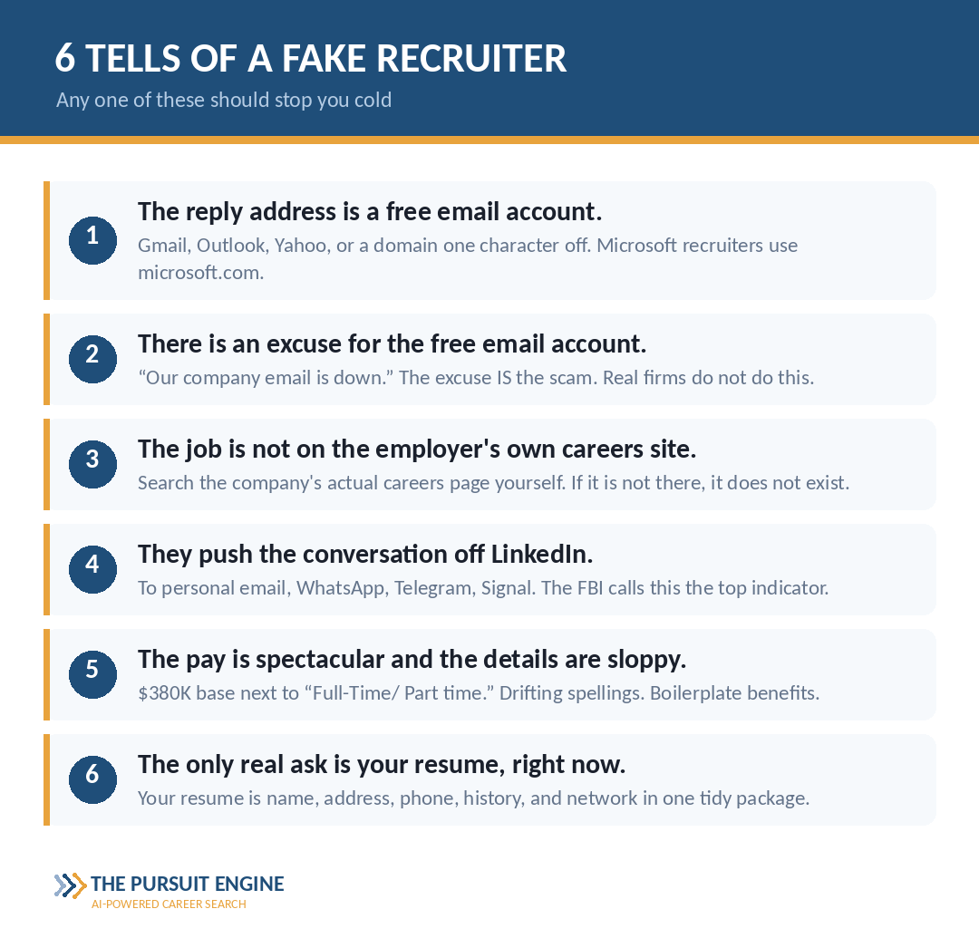 Six tells of a fake recruiter: free email account, an excuse for the free email account, job not on the employer's careers site, pushing the conversation off LinkedIn, spectacular pay with sloppy details, and the only real ask being your resume.